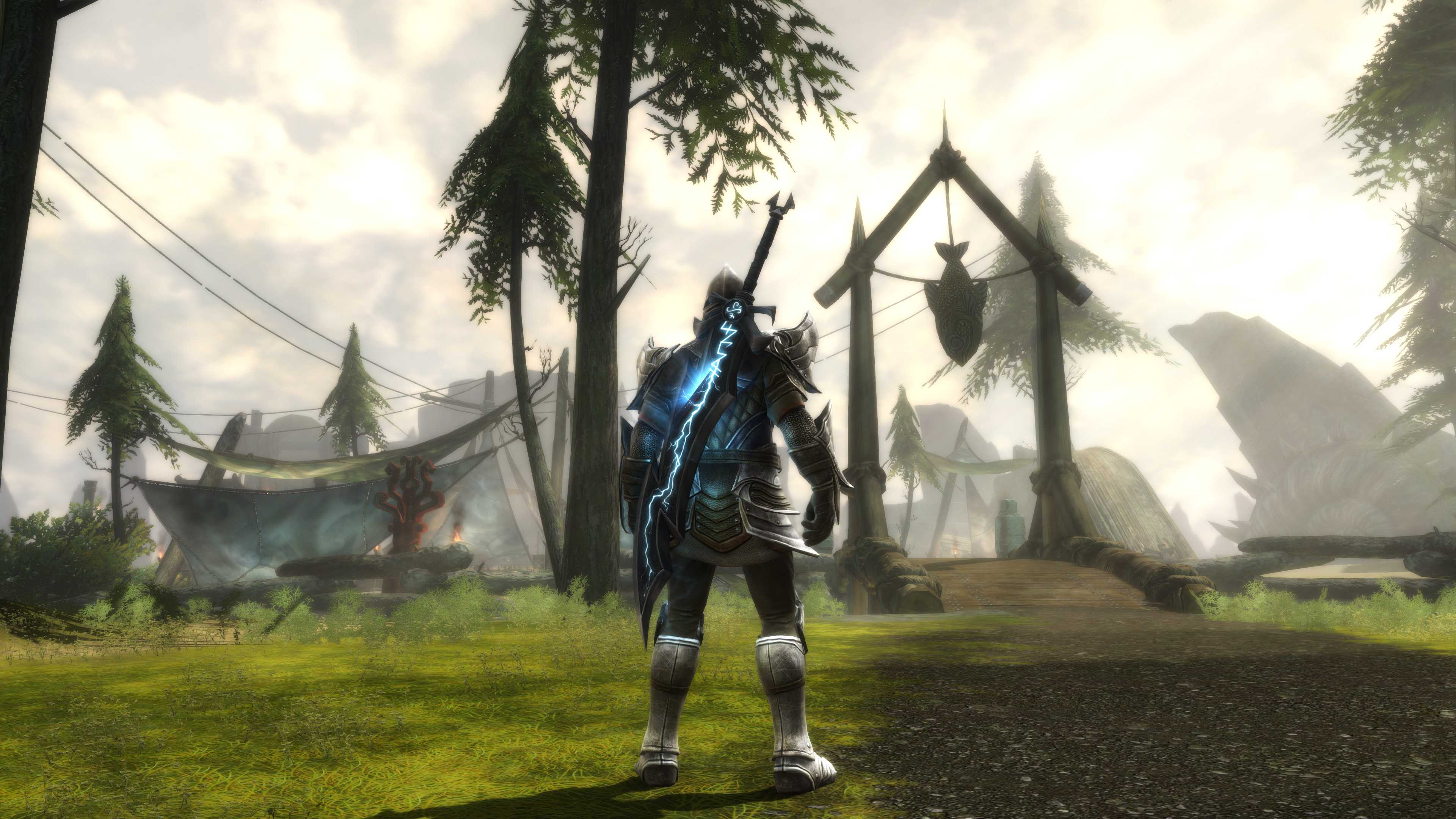 Screenshot from Kingdoms of Amalur: Re-Reckoning video game of character in fantasy world standing in green forest area.