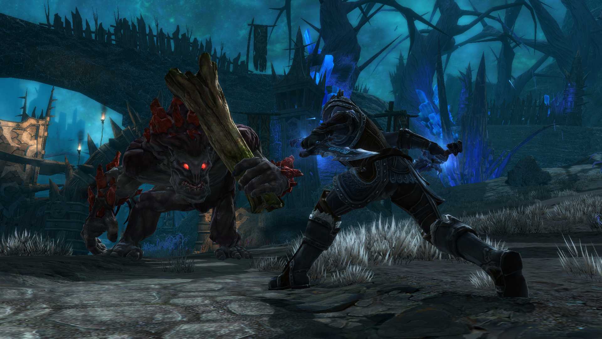 Screenshot from Kingdoms of Amalur: Reckoning video game of character fighting a monster in a fantasy world