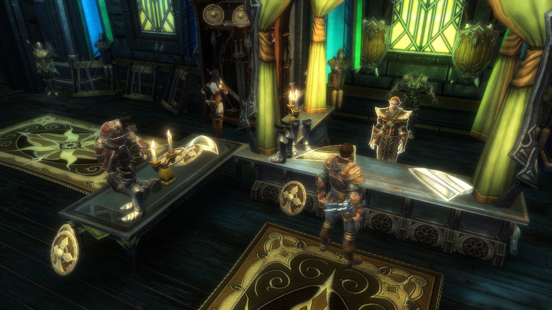 Screenshot from Kingdoms of Amalur: Reckoning video game of multiple characters standing in library setting