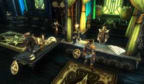 Screenshot from Kingdoms of Amalur: Reckoning video game of multiple characters standing in library setting