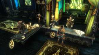 Screenshot from Kingdoms of Amalur: Reckoning video game of multiple characters standing in library setting