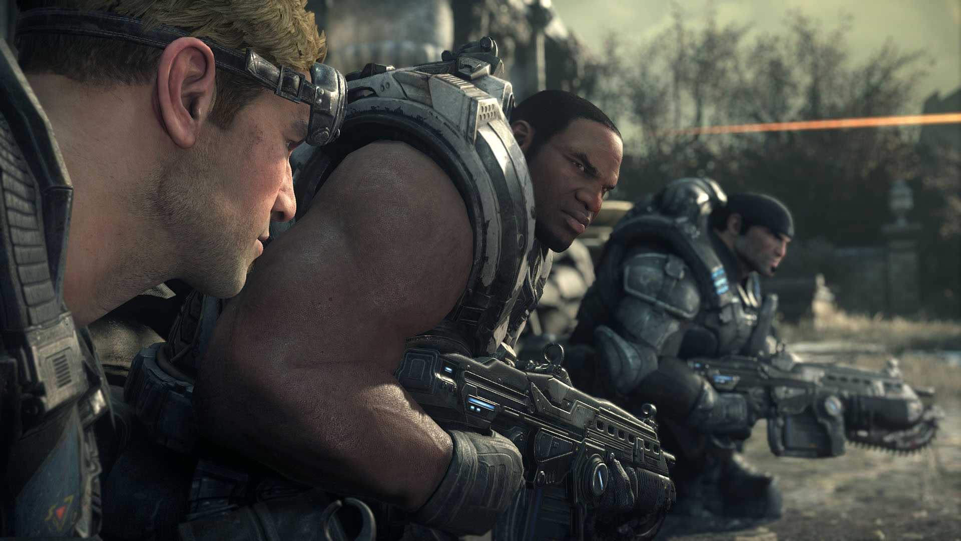A screenshot of the Delta squad conversing Gears of War