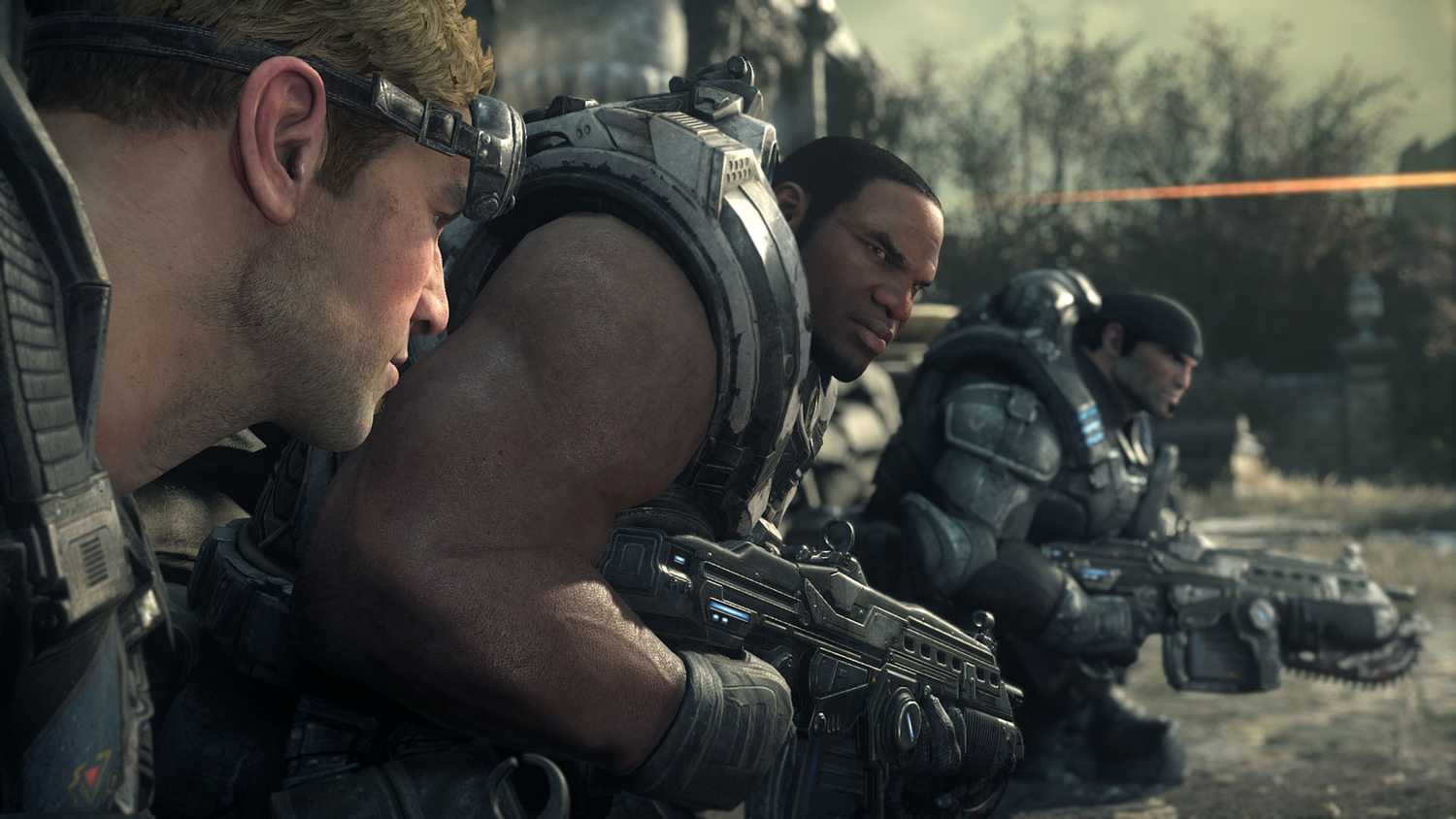 A screenshot of the Delta squad conversing Gears of War
