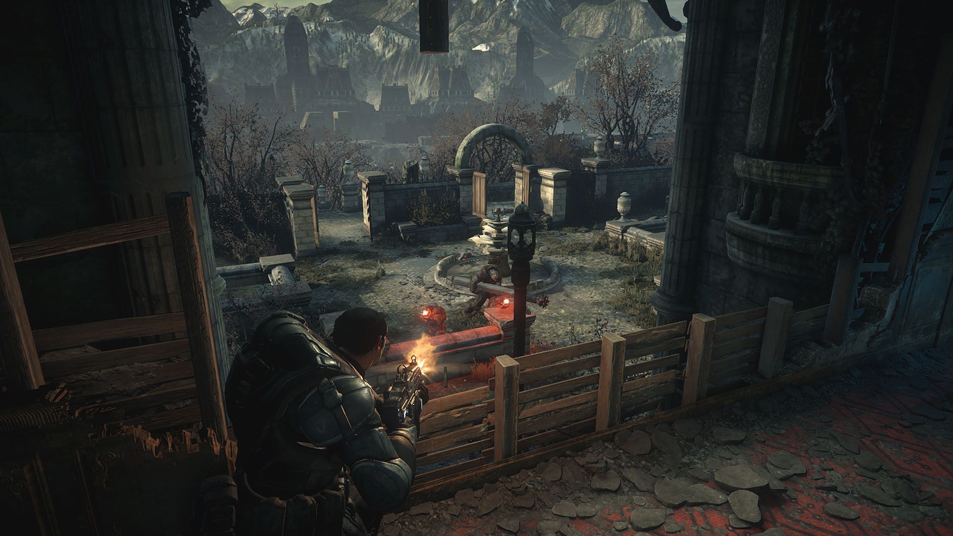 Marcus Fenix in a fire fight in Gears of War