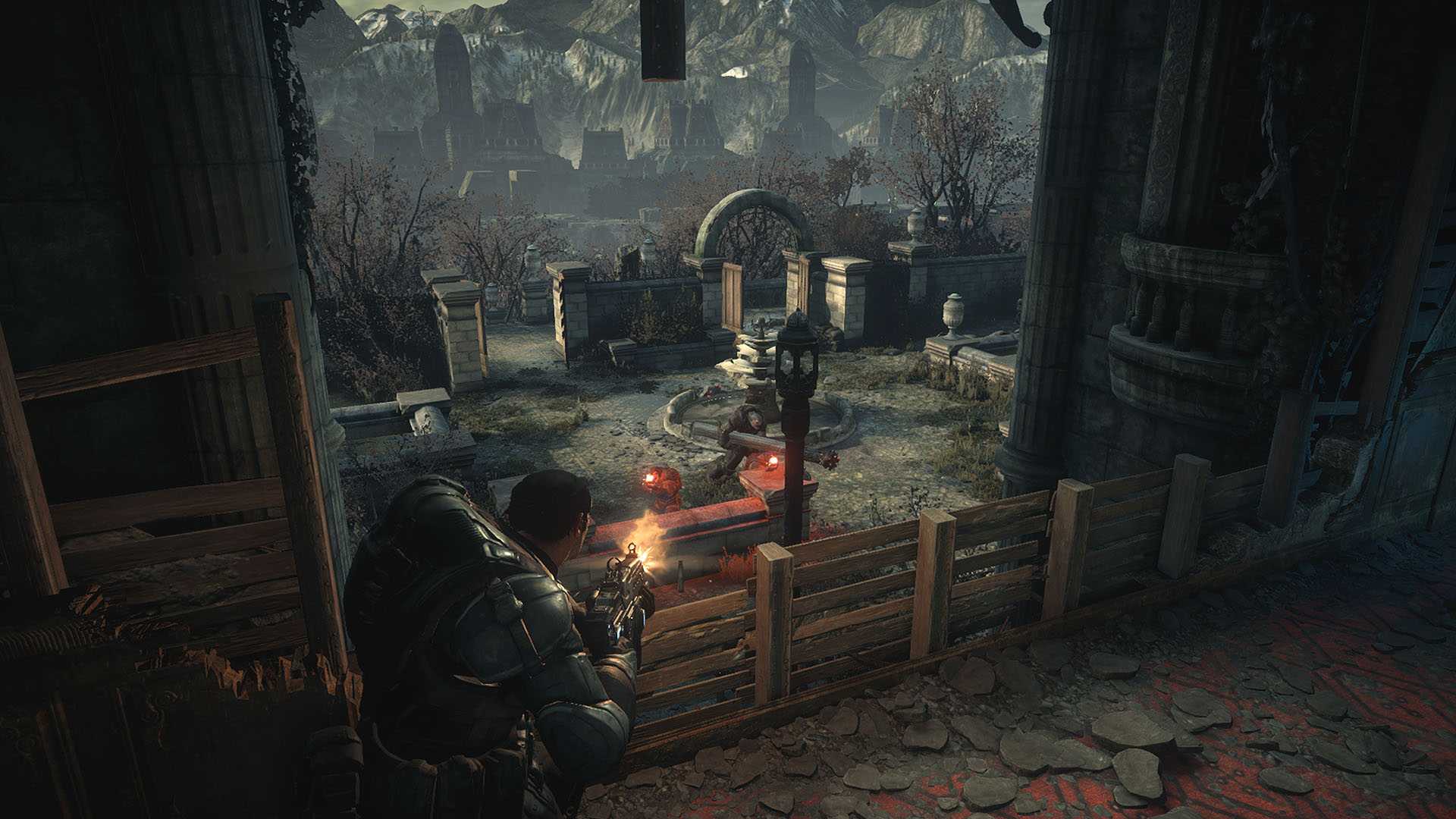 Marcus Fenix in a fire fight in Gears of War