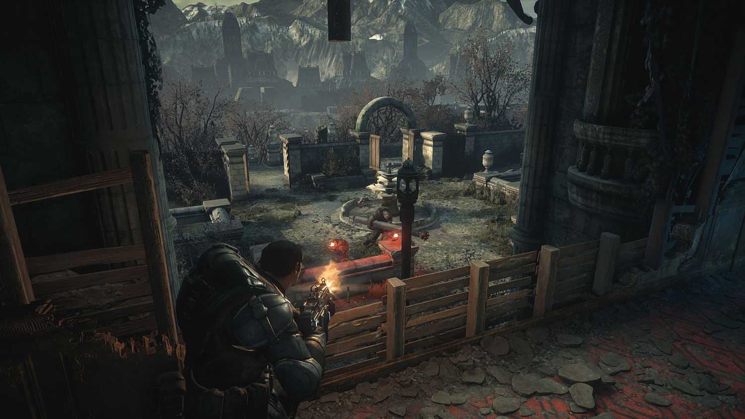 Marcus Fenix in a fire fight in Gears of War