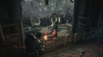 Marcus Fenix in a fire fight in Gears of War