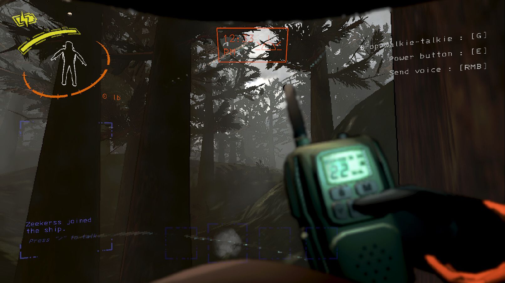 Screenshot from Lethal Company video game of player character speaking into radio in forest setting