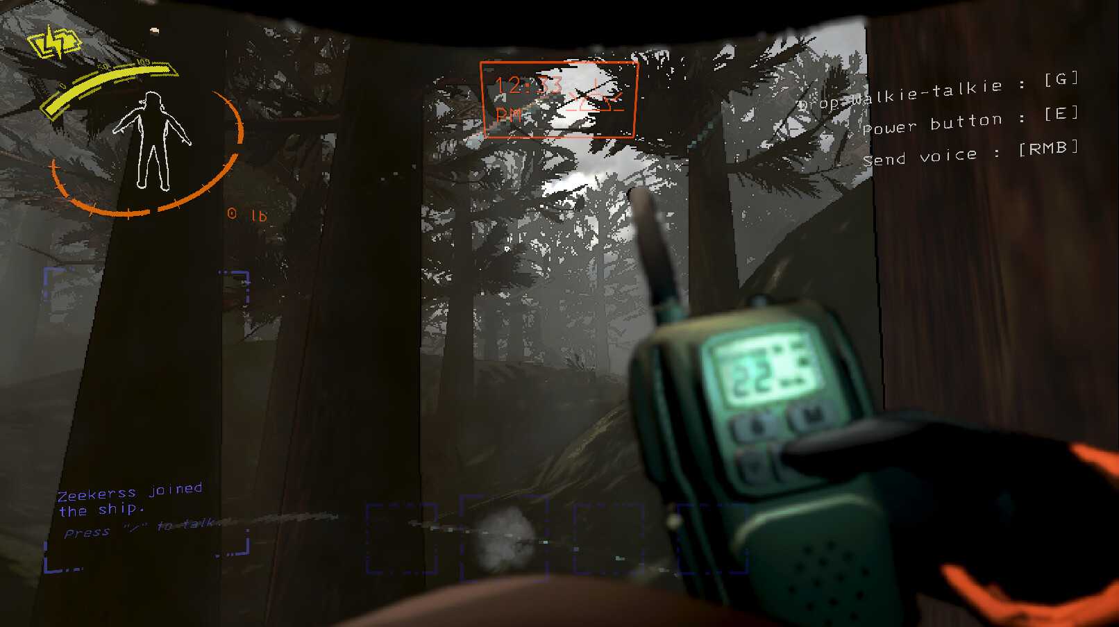 Screenshot from Lethal Company video game of player character speaking into radio in forest setting