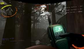 Screenshot from Lethal Company video game of player character speaking into radio in forest setting
