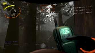 Screenshot from Lethal Company video game of player character speaking into radio in forest setting