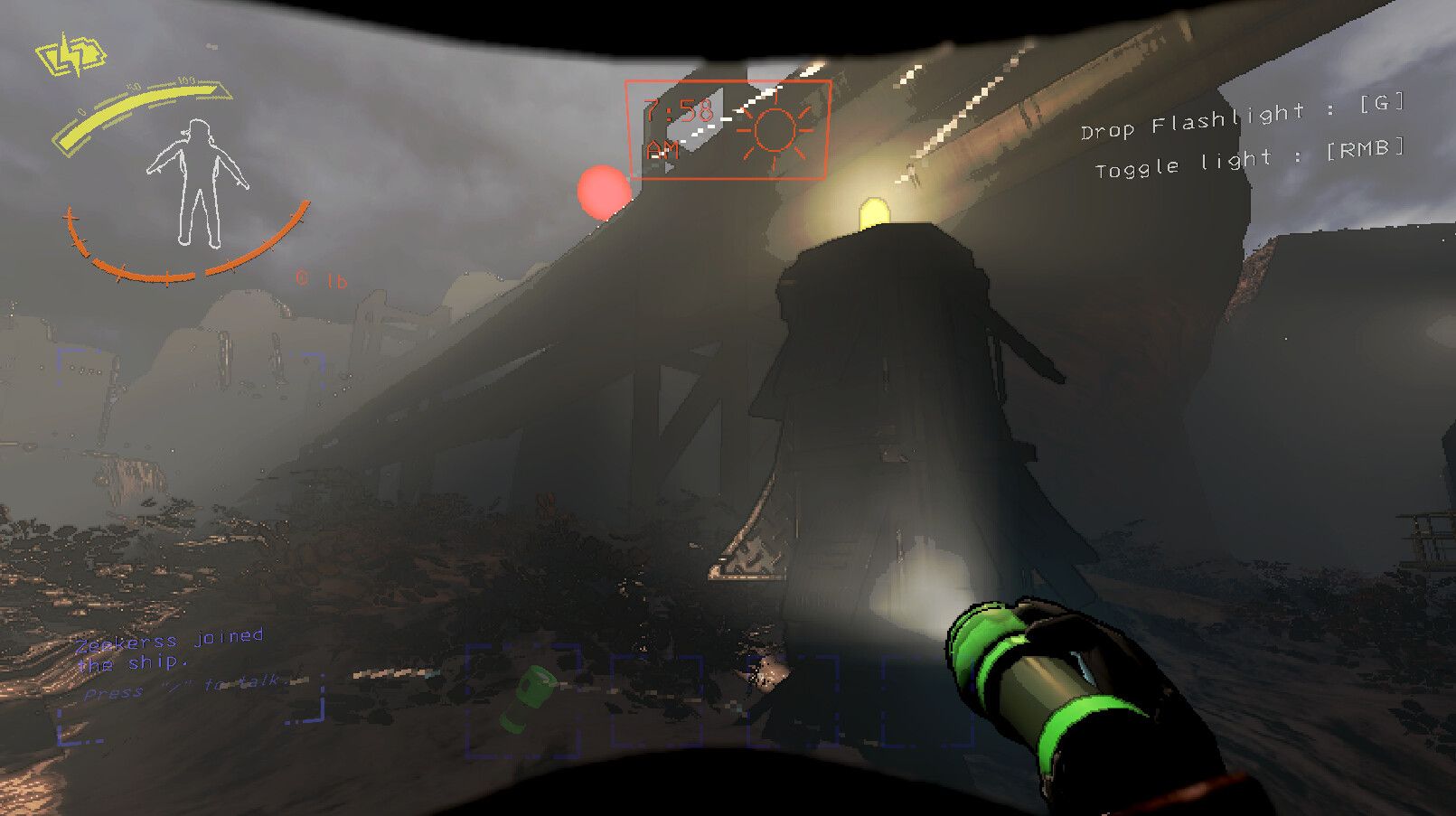 Screenshot from Lethal Company video game of player character shining flashlight on large indiscernible structure 