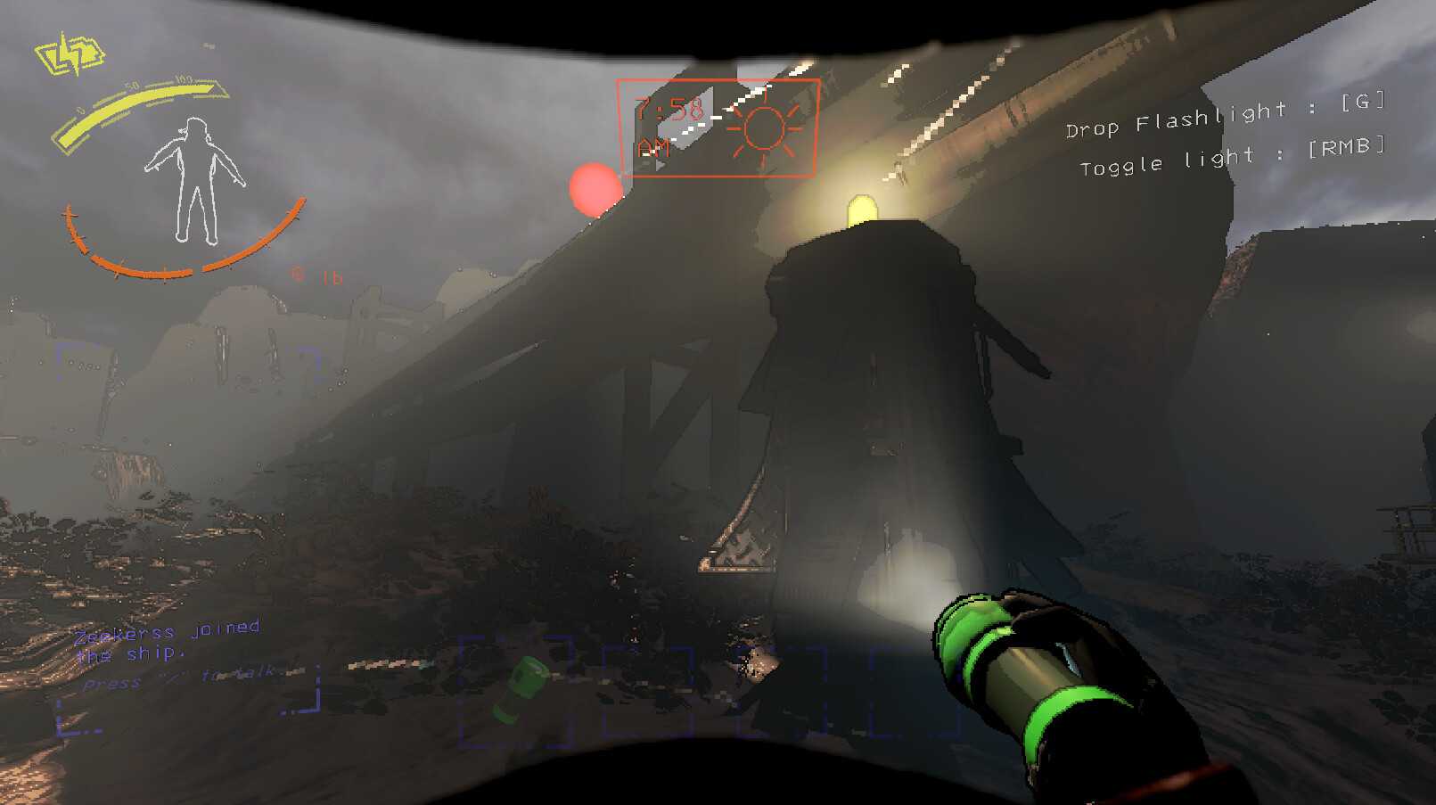 Screenshot from Lethal Company video game of player character shining flashlight on large indiscernible structure