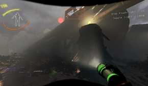 Screenshot from Lethal Company video game of player character shining flashlight on large indiscernible structure