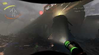 Screenshot from Lethal Company video game of player character shining flashlight on large indiscernible structure