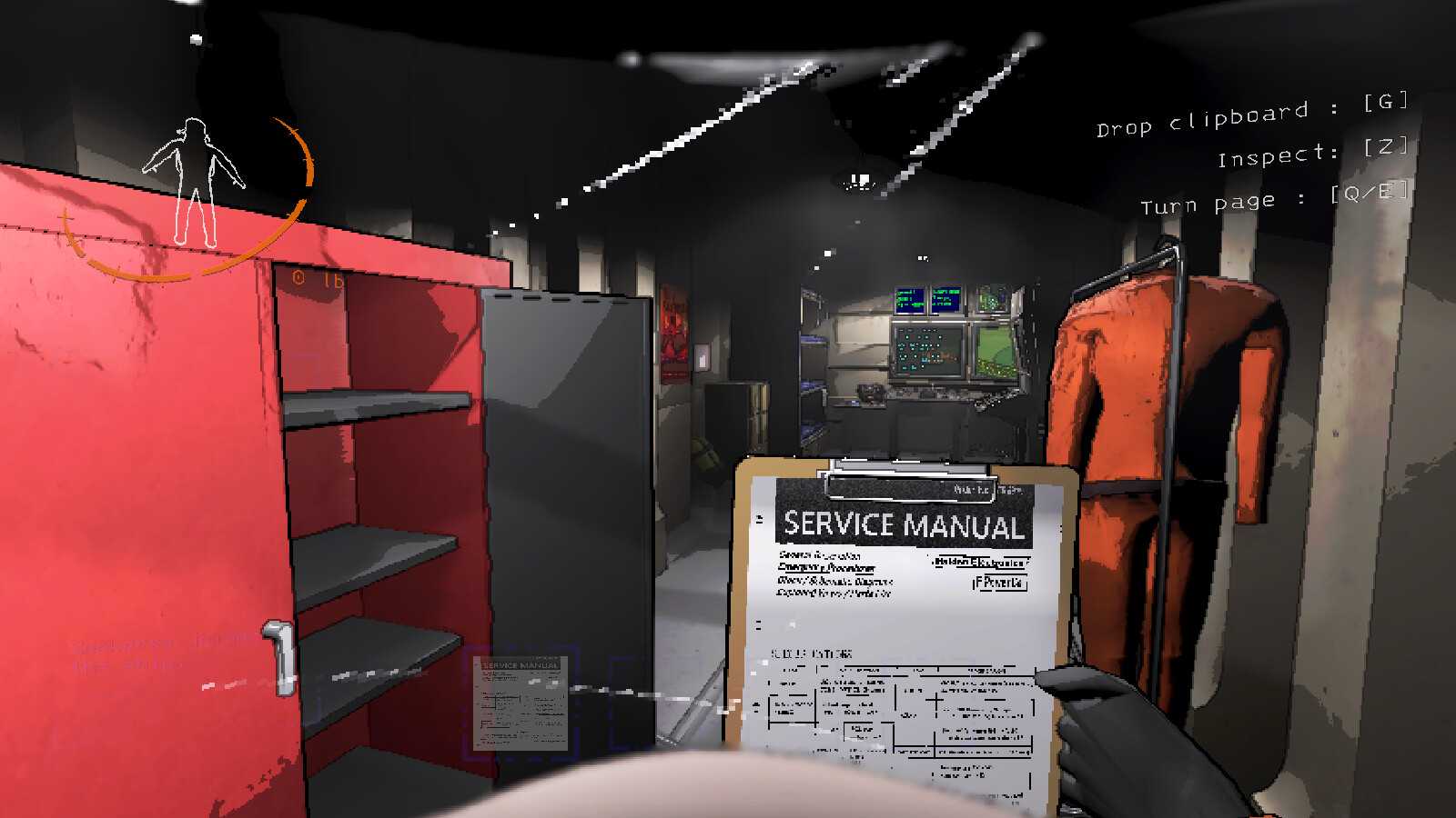 player character looking at clipboard with a service manual in workroom setting