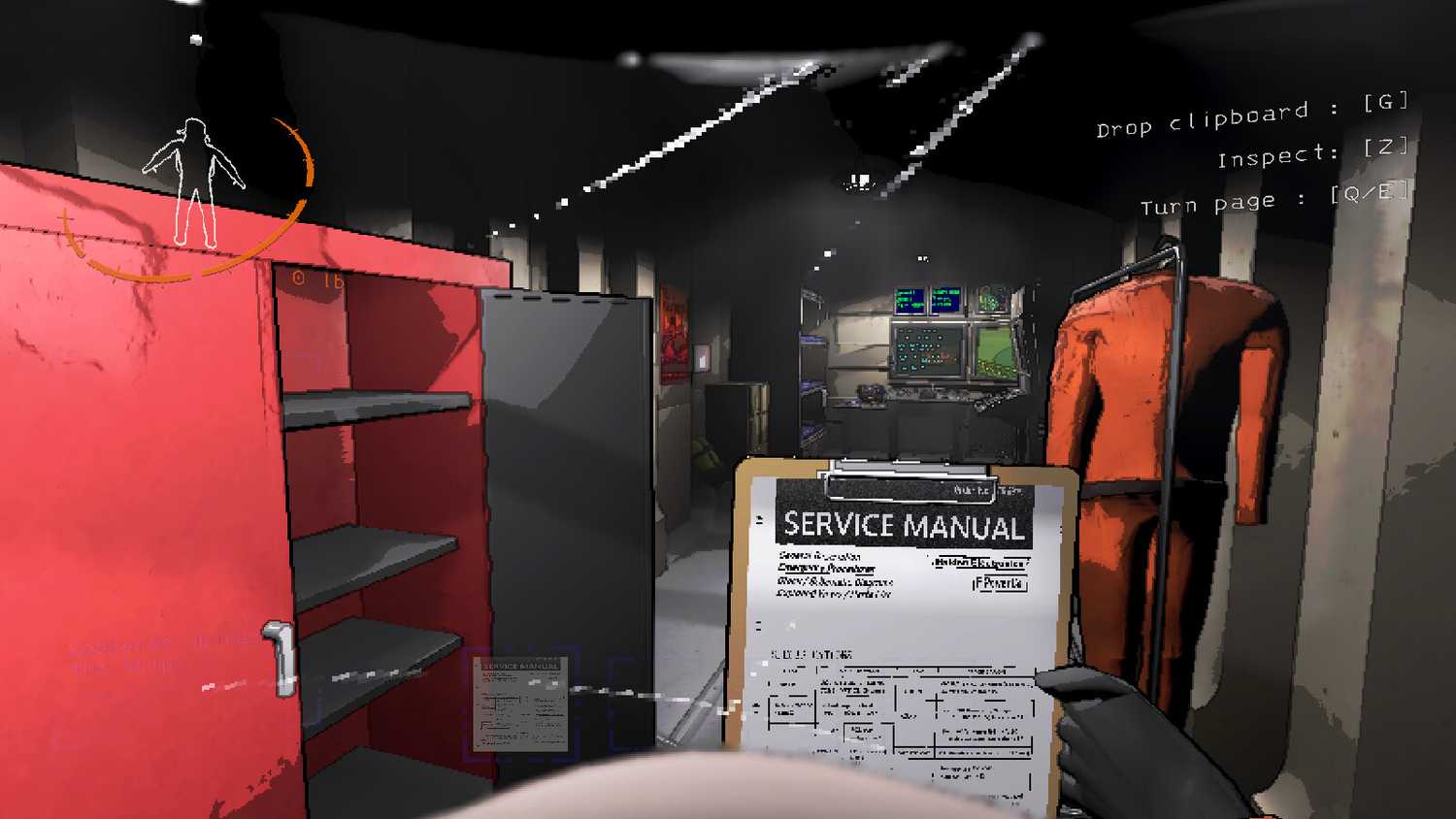 player character looking at clipboard with a service manual in workroom setting