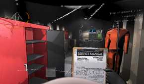 player character looking at clipboard with a service manual in workroom setting