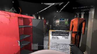player character looking at clipboard with a service manual in workroom setting