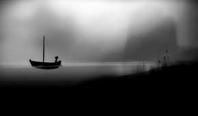 A screenshot from the game Limbo, where the silhouetted protagonist travels in a boat on water.