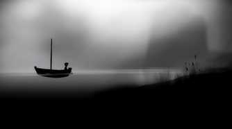 A screenshot from the game Limbo, where the silhouetted protagonist travels in a boat on water.