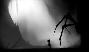 A screenshot from the game Limbo, showing a monochromatic art style while the protagonist faces down a huge spider.