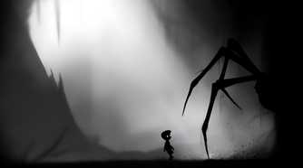 A screenshot from the game Limbo, showing a monochromatic art style while the protagonist faces down a huge spider.