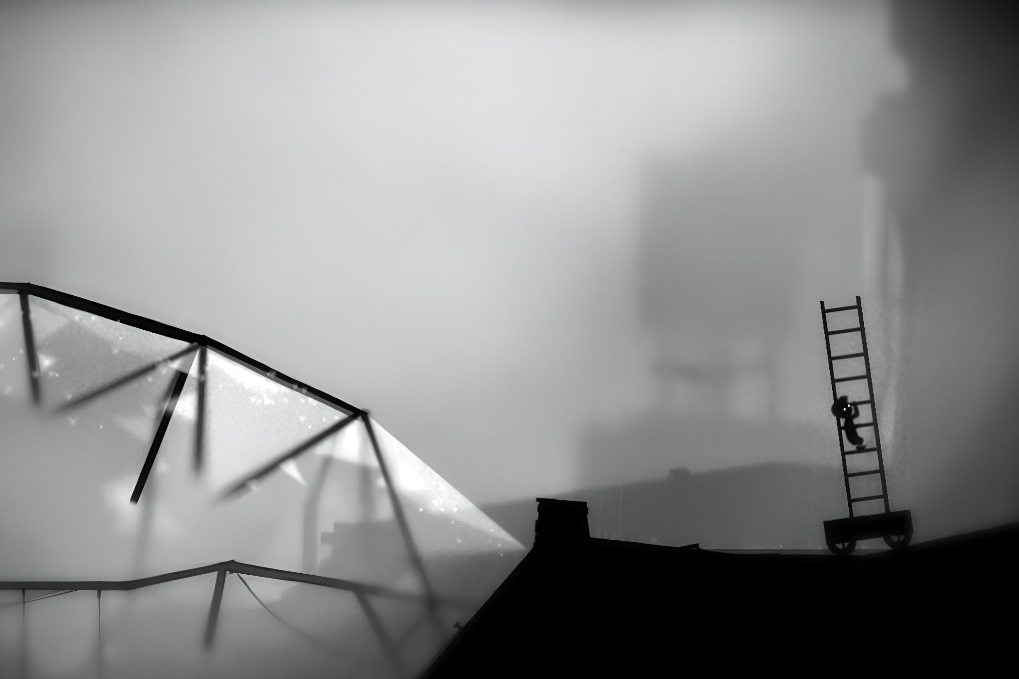 A screenshot from the game Limbo, showing the protagonist climbing a ladder placed on a moving cart.