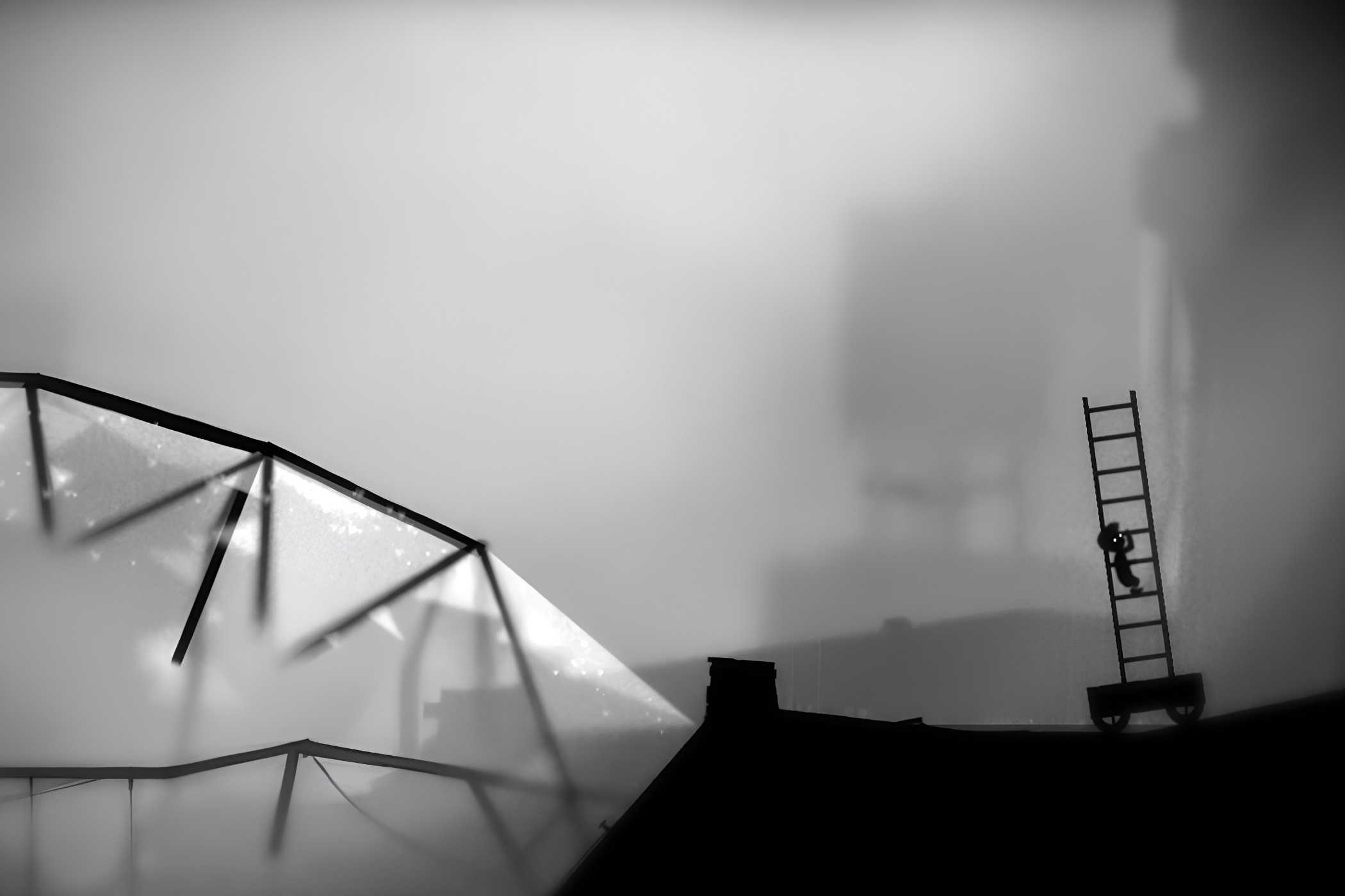 A screenshot from the game Limbo, showing the protagonist climbing a ladder placed on a moving cart.
