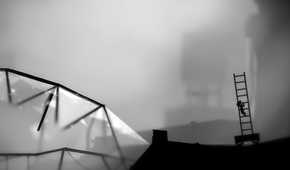 A screenshot from the game Limbo, showing the protagonist climbing a ladder placed on a moving cart.