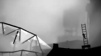A screenshot from the game Limbo, showing the protagonist climbing a ladder placed on a moving cart.