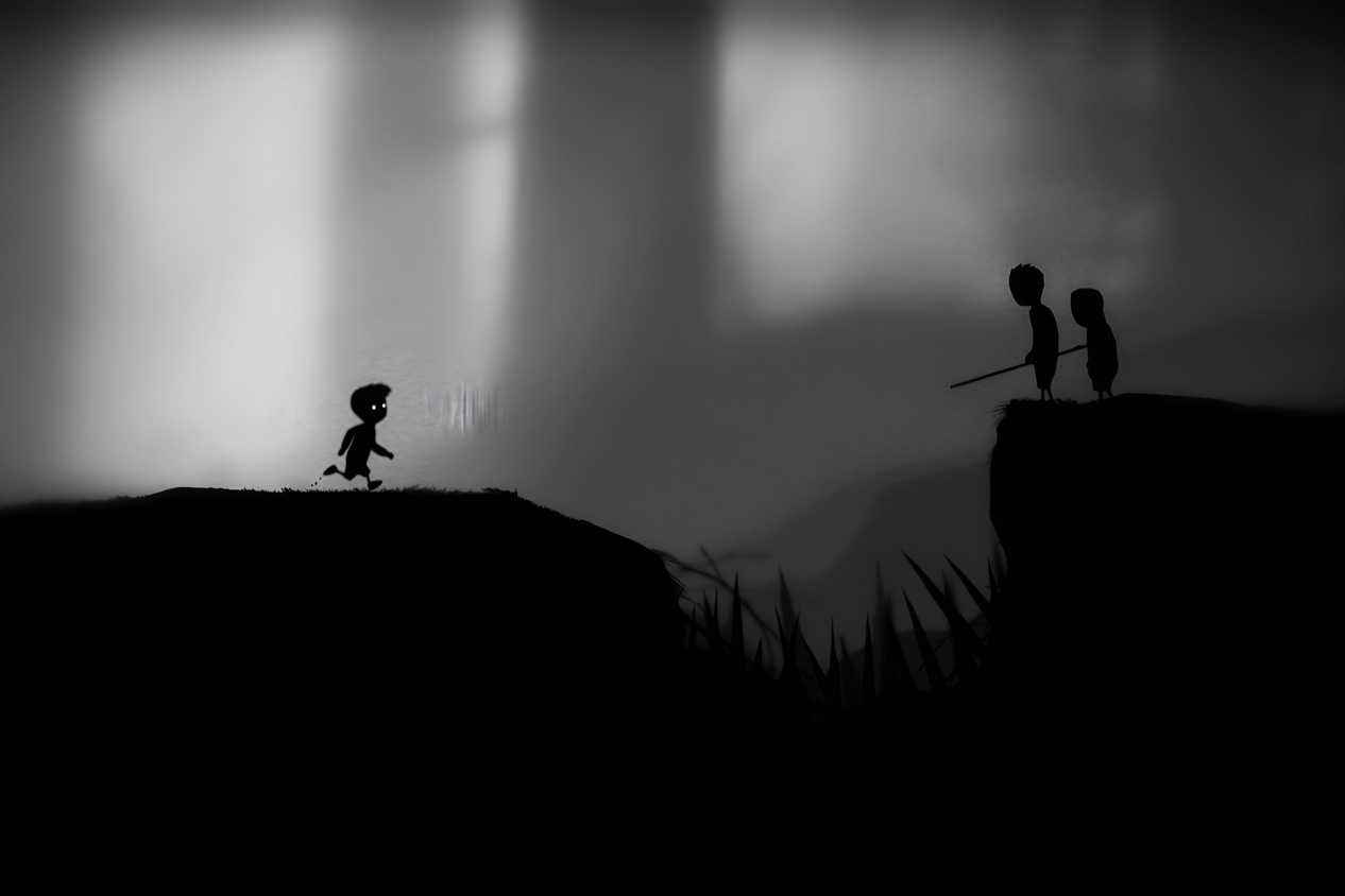 A screenshot from the game Limbo, showing the protagonist running towards two individuals' silhouettes.