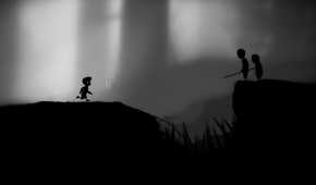 A screenshot from the game Limbo, showing the protagonist running towards two individuals' silhouettes.