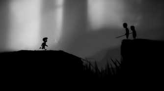 A screenshot from the game Limbo, showing the protagonist running towards two individuals' silhouettes.