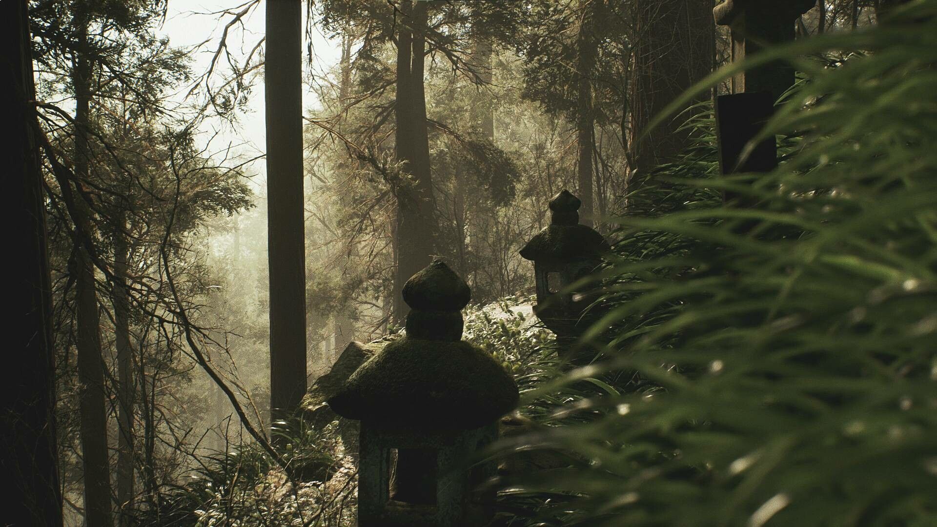Screenshot from Lushfoil Photography Sim video game of forest exterior with stone lanterns