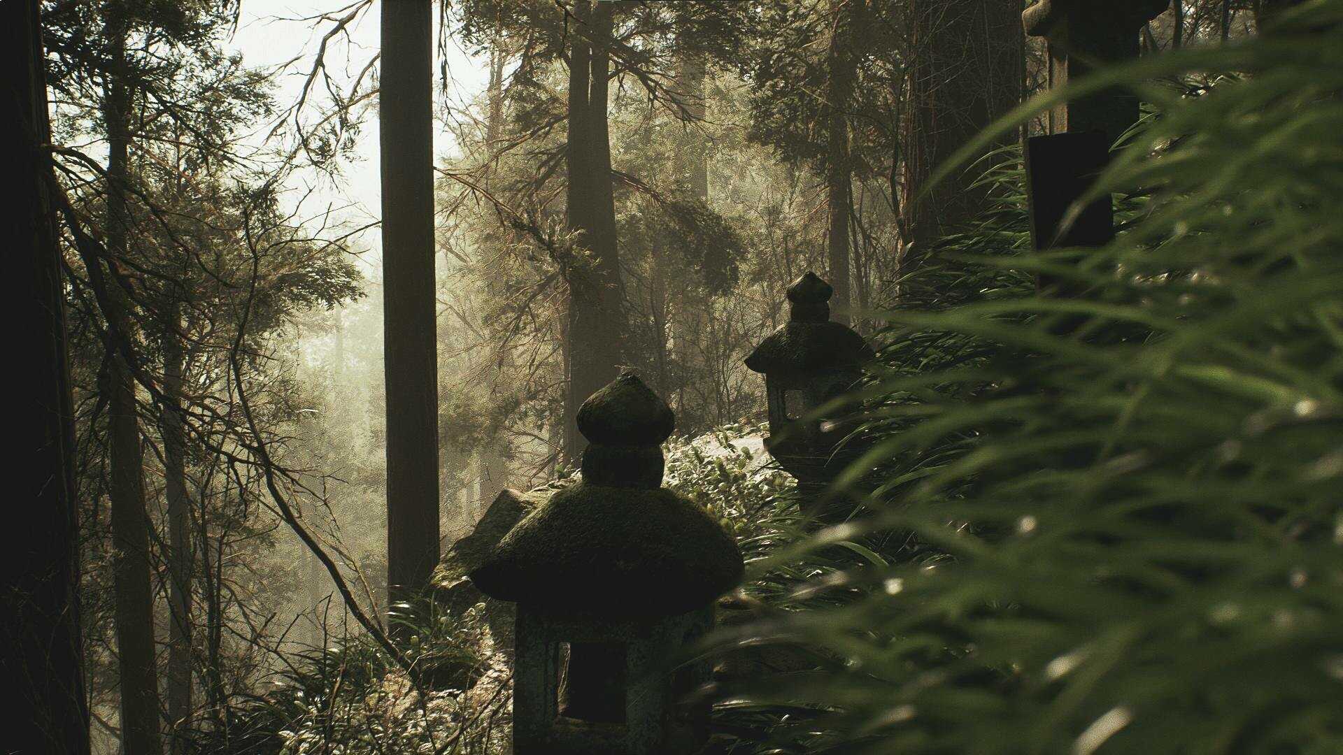 Screenshot from Lushfoil Photography Sim video game of forest exterior with stone lanterns