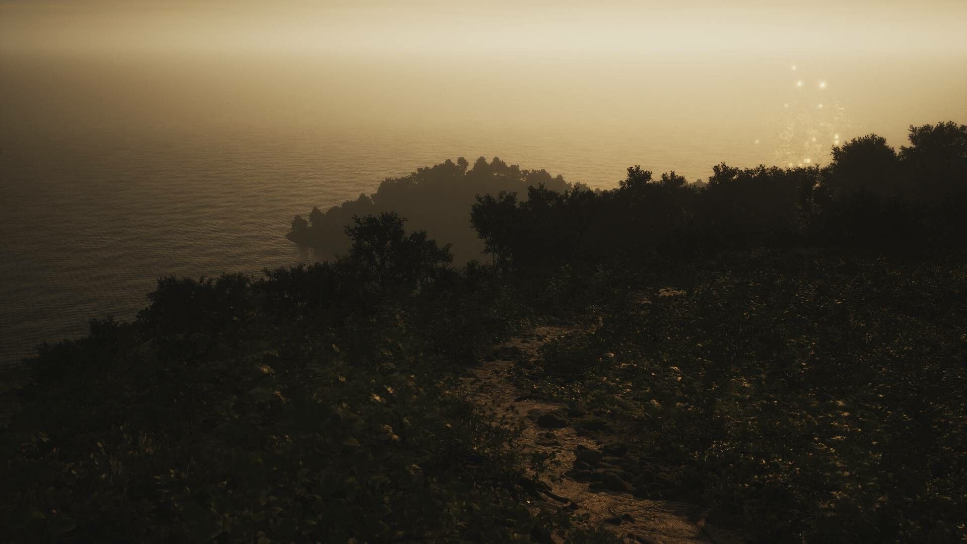 Screenshot from Lushfoil Photography Sim video game of sun setting on a forest coastline