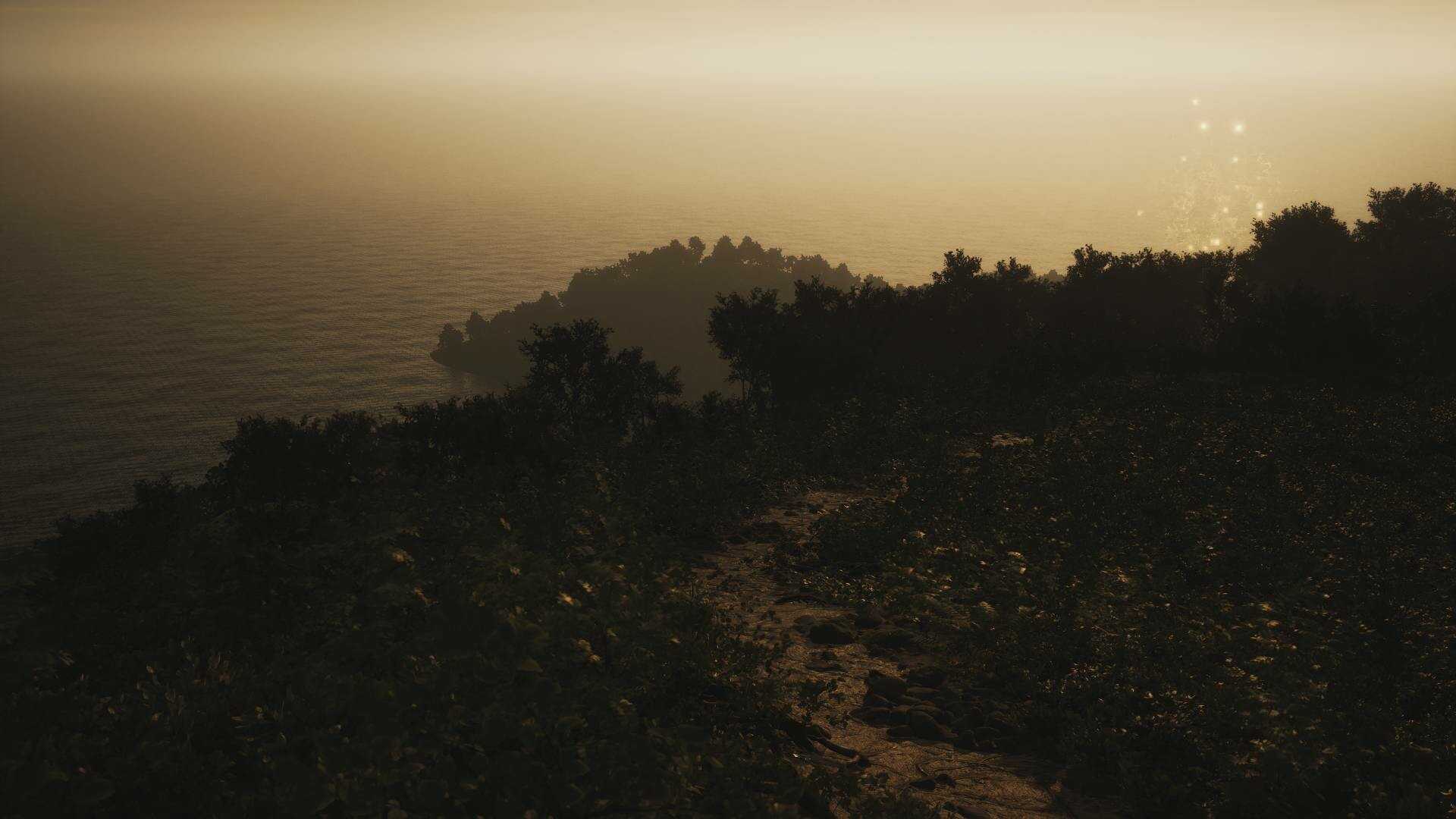 Screenshot from Lushfoil Photography Sim video game of sun setting on a forest coastline