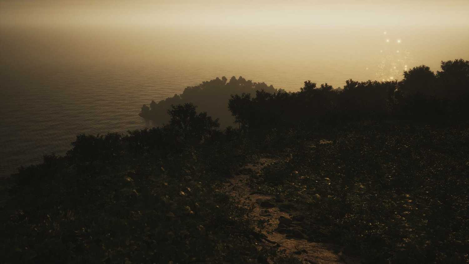 Screenshot from Lushfoil Photography Sim video game of sun setting on a forest coastline