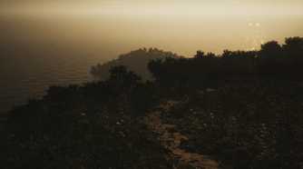 Screenshot from Lushfoil Photography Sim video game of sun setting on a forest coastline
