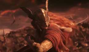 Malenia, the Blade of Miquella, wearing a winged helmet and wielding a sharp sword.