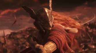 Malenia, the Blade of Miquella, wearing a winged helmet and wielding a sharp sword.