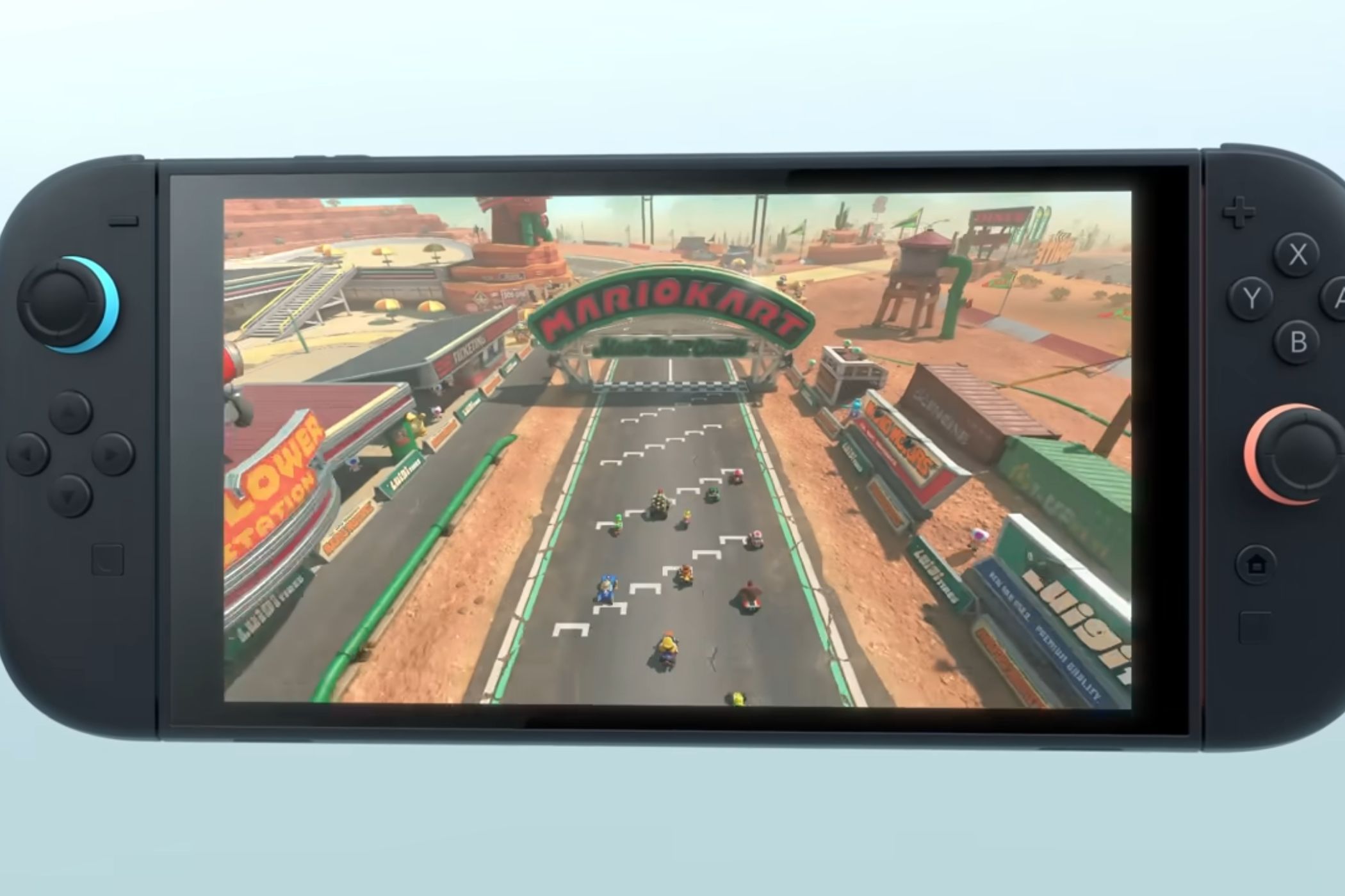 Mario Kart 9 on Nintendo Switch 2 zoomed out track start view