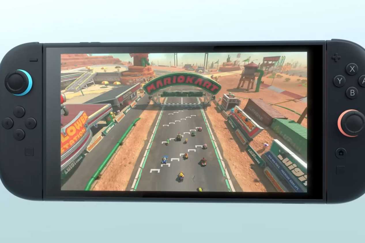 Mario Kart 9 on Nintendo Switch 2 zoomed out track start view