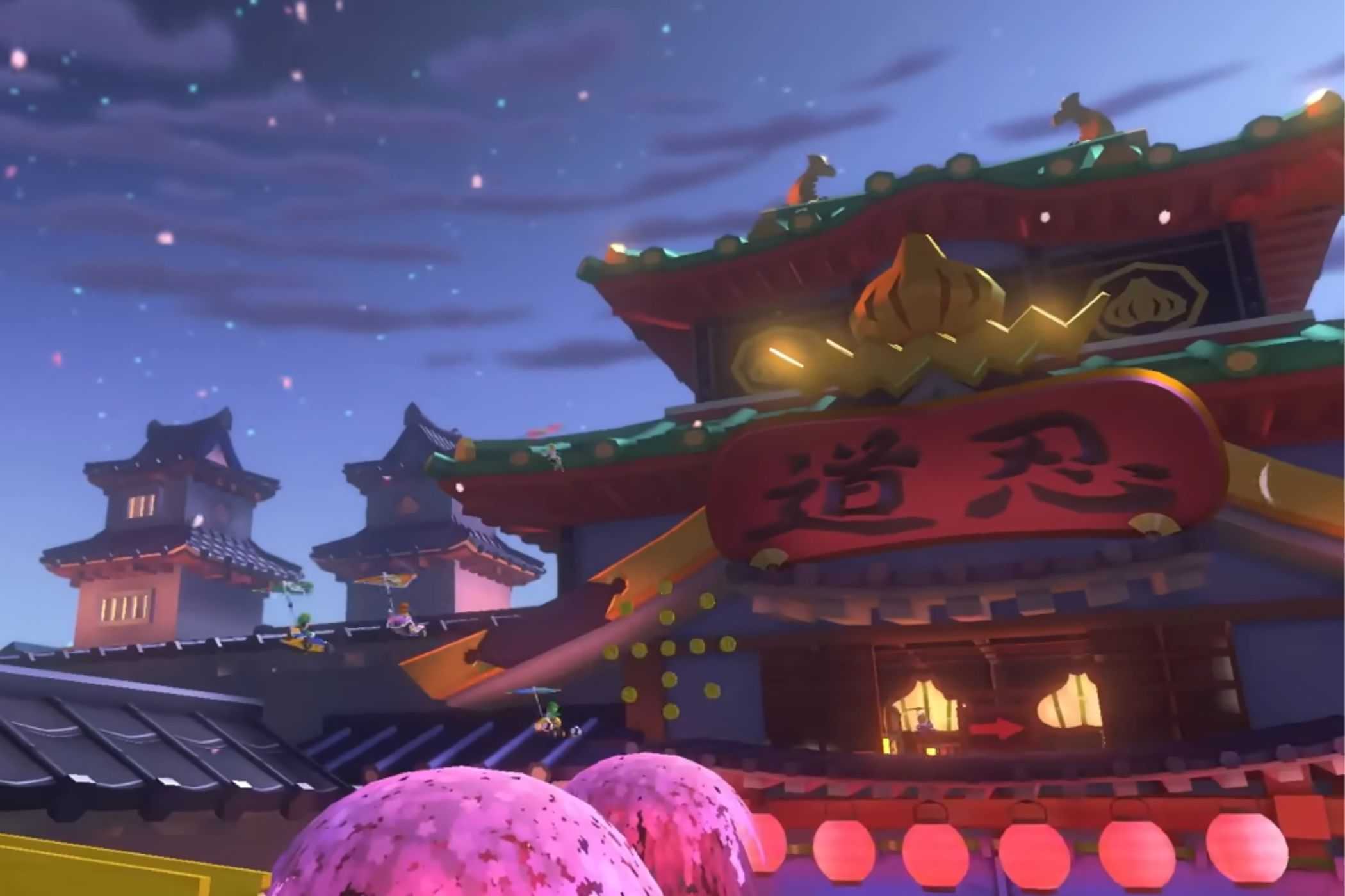 Mario Kart 8 players flying through Japanese temple