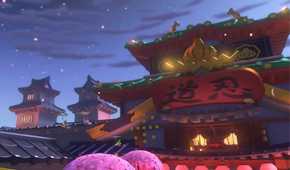 Mario Kart 8 players flying through Japanese temple