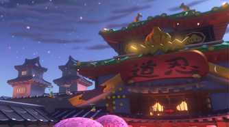 Mario Kart 8 players flying through Japanese temple