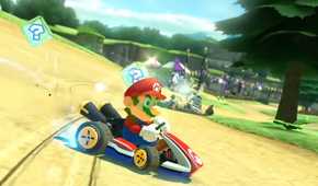 Mario Kart 8 Mario drifting around grassy forest