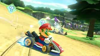 Mario Kart 8 Mario drifting around grassy forest