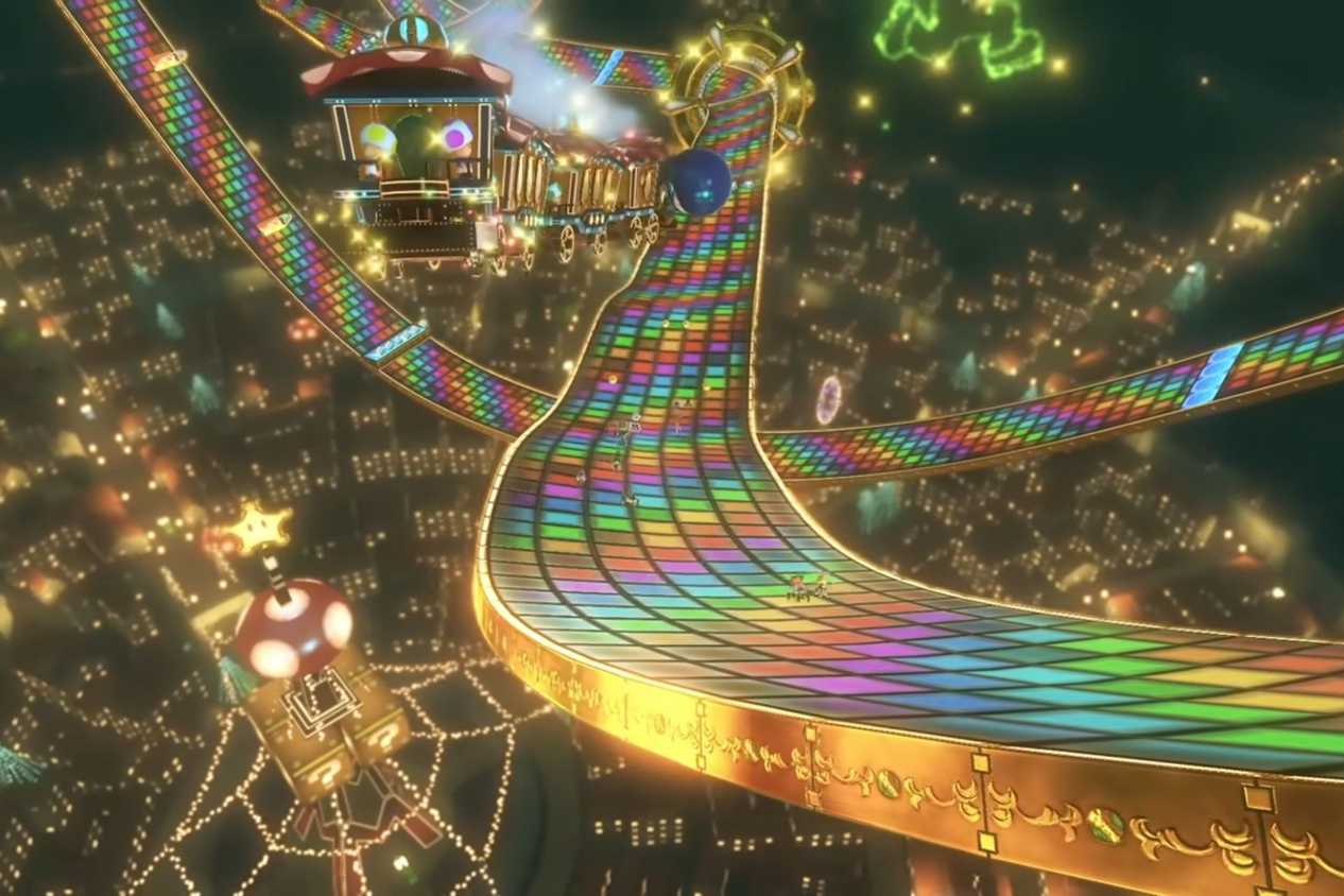 Mario Kart 8 Rainbow Road map distant shot